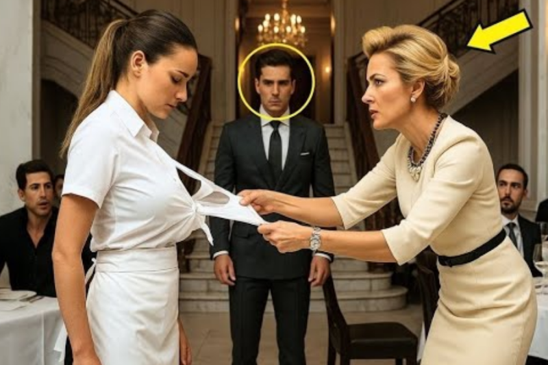 ARROGANTE LE ROMPIÓ EL VESTIDO CREYENDO QUE ERA SOLO UNA MESERA… PERO SU ESPOSO MILLONARIO MIRABA.