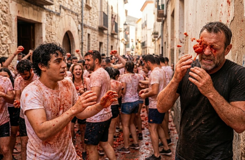 La Tomatina “Sangrienta” de Buñol: El día que un fugitivo internacional fue desenmascarado por un tomate accidental y una multitud que se negó a creer en el peligro