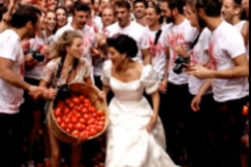 Una turista arruina accidentalmente el vestido de novia de la alcaldesa durante la Tomatina de Buñol