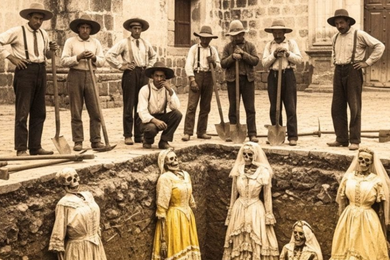 Cuando los albañiles excavaron el patio parroquial,hallaron cuerpos vestidos de novias desaparecidas