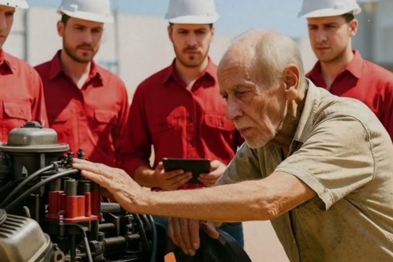 “¡NO SIRVES MÁS!, SE BURLARON DEL ANCIANO… PERO HUMILLÓ A INGENIEROS AL REPARAR EL MOTOR EN MINUTOS”