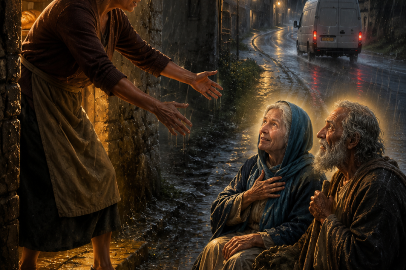 Viuda salvó a una pareja de ancianos abandonados en la carretera… pero eran Jesús y María disfrazad…