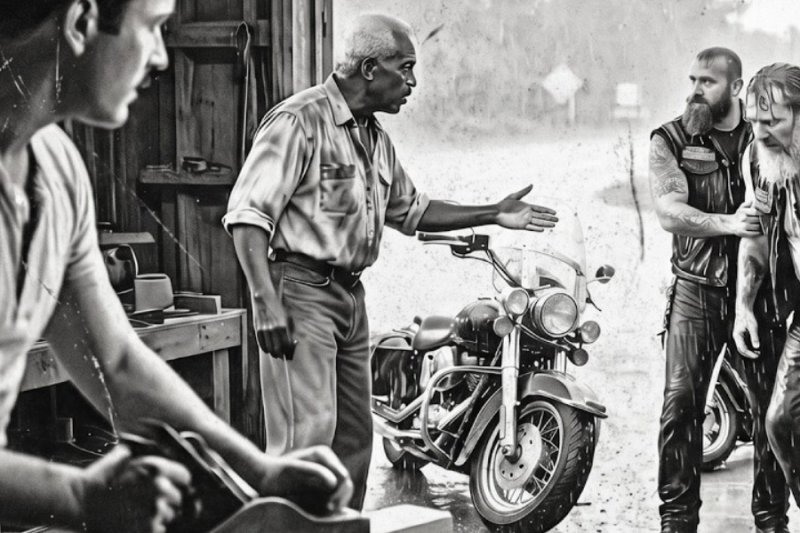 Pedro Infante ayuda a 6 motociclistas varados bajo la lluvia—Lo que llega a su taller lo hace llorar